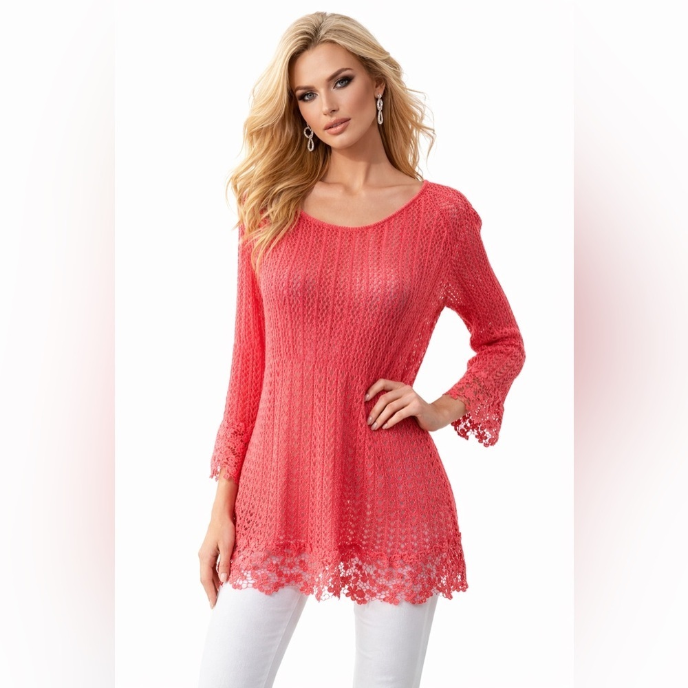 Kim Rogers NWT Women’s Coral Crochet Tunic Size Large 3/4 Sleeve